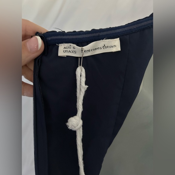 Here Comes the Sun Navy Satin Babydoll Empire Waist Poof Sleeve Mini Dress XS - Picture 9 of 14